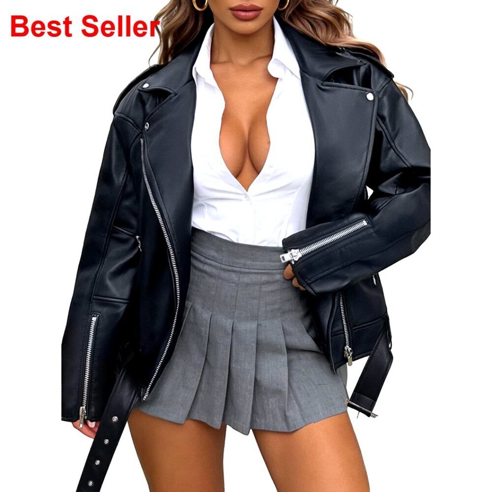 Oversized Faux Leather Motorcycle Jacket with Hood and Belt